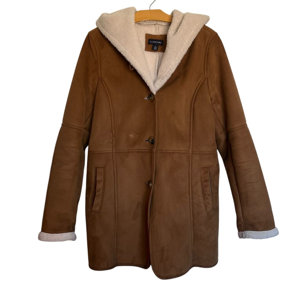 Lands' End Penny Lane Jacket Sherpa Lined Hooded Faux Suede Coat Brown Size L